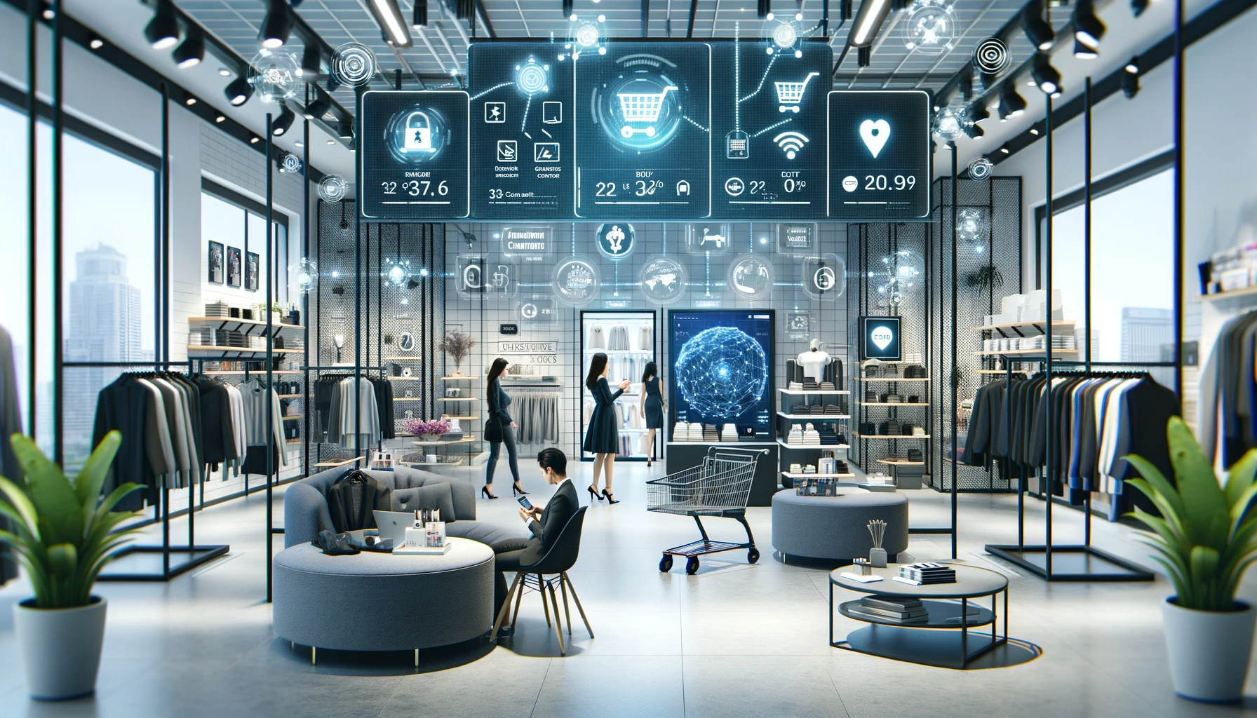 The Internet of Things (IoT) in Retail: Enhancing Connectivity and Efficiency: It visually represents a modern retail store equipped with the latest IoT technologies, designed to offer a seamless and futuristic shopping experience.